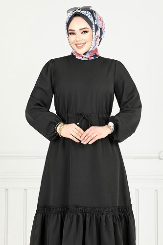 moda selvim Manşeti Lastikli Tesettür Elbise 23011UKB929-M Siyah - Thumbnail