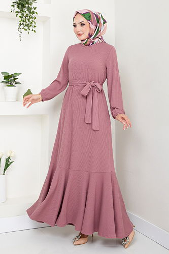 moda selvim Manşeti Lastikli Tesettür Elbise 285DVL817-M Gül Kurusu - Thumbnail