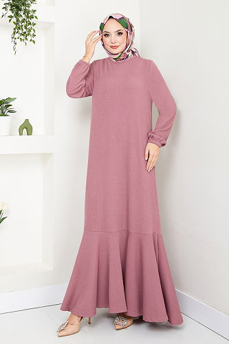 moda selvim Manşeti Lastikli Tesettür Elbise 285DVL817-M Gül Kurusu - Thumbnail