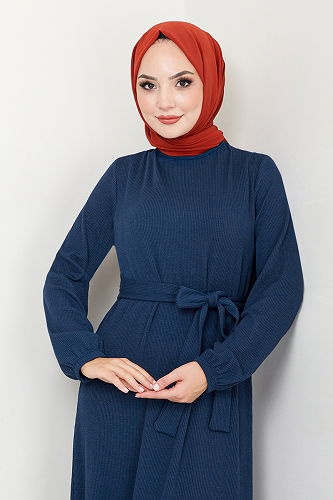 moda selvim Manşeti Lastikli Tesettür Elbise 285DVL817-M Laci - Thumbnail