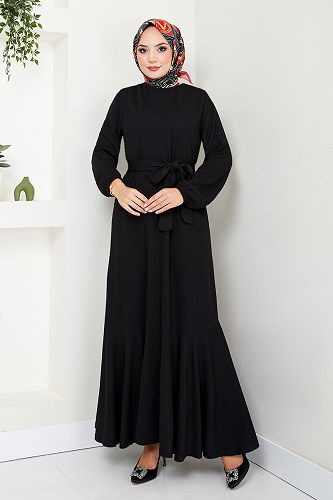 moda selvim Manşeti Lastikli Tesettür Elbise 285DVL817-M Siyah - Thumbnail