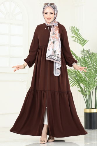 moda selvim Manşeti Lastikli Tesettür Ferace 0040BG354 Kahve - Thumbnail