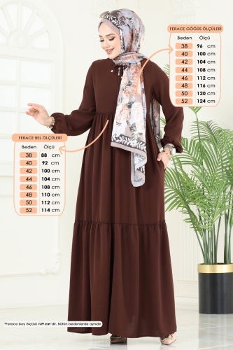 moda selvim Manşeti Lastikli Tesettür Ferace 0040BG354 Kahve - Thumbnail
