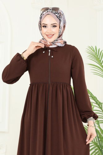 moda selvim Manşeti Lastikli Tesettür Ferace 0040BG354 Kahve - Thumbnail