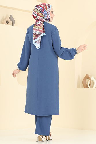 moda selvim Manşeti Lastikli Tesettür Takım 2625SL432 İndigo - Thumbnail