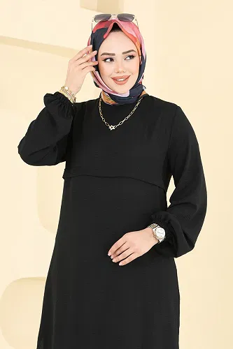 moda selvim Manşeti Lastikli Tesettür Takım 2625SL432 Siyah - Thumbnail
