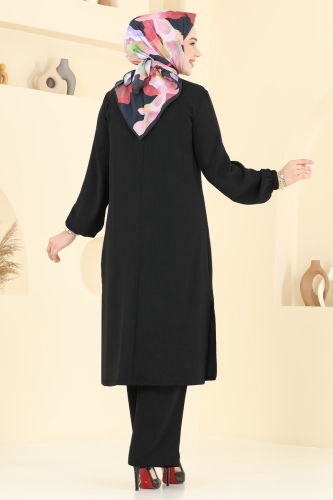 moda selvim Manşeti Lastikli Tesettür Takım 2625SL432 Siyah - Thumbnail