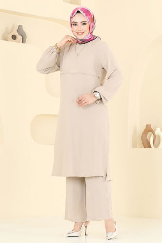 moda selvim Manşeti Lastikli Tesettür Takım 2625SL432 Taş - Thumbnail