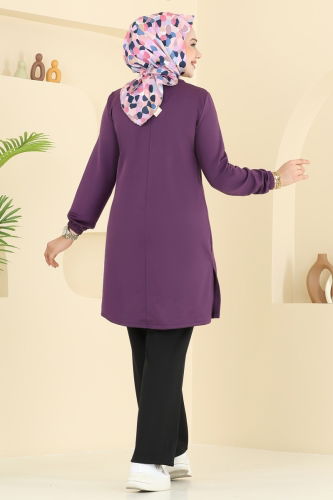 moda selvim Manşeti Lastikli Tesettür Takım 2670SL432 Mor&Siyah - Thumbnail