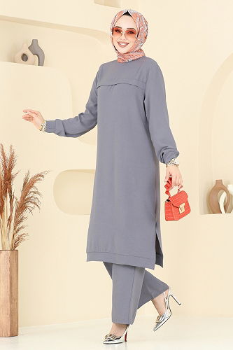 moda selvim Manşeti Lastikli Tesettür Takım 350DVL817 Gri - Thumbnail