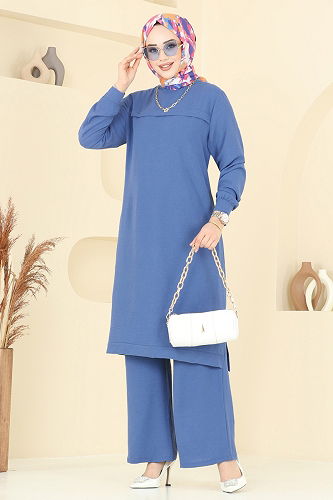moda selvim Manşeti Lastikli Tesettür Takım 350DVL817 İndigo - Thumbnail
