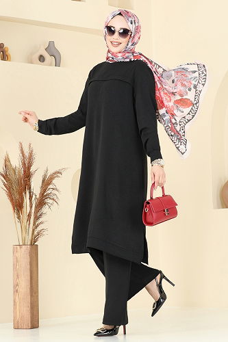 moda selvim Manşeti Lastikli Tesettür Takım 350DVL817 Siyah - Thumbnail