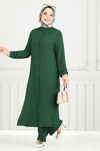 moda selvim Manşeti Lastikli Tesettür Takım 404DVL897-M Zümrüt - Thumbnail