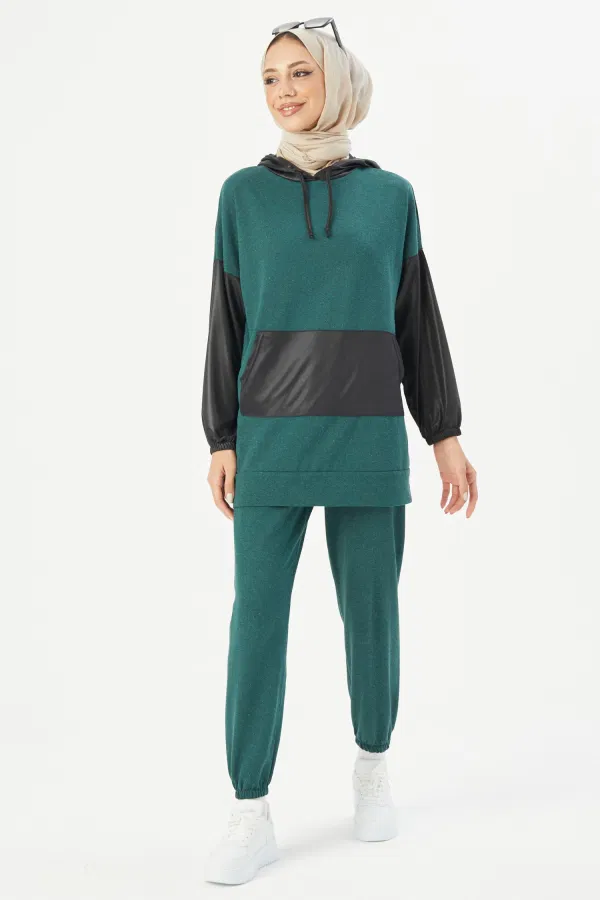 Modaselvim Kombin Manşeti Lastikli Tesettür Takım TFS3472-M Zümrüt