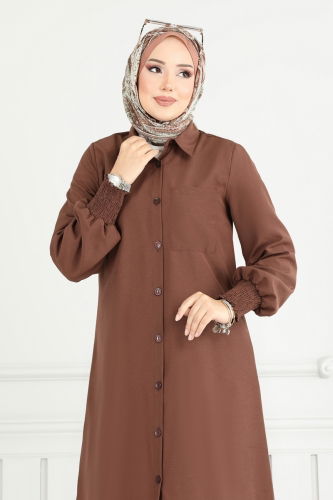moda selvim Manşeti Lastikli Tesettür Tunik 282ASN888 Kahve - Thumbnail