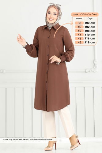 moda selvim Manşeti Lastikli Tesettür Tunik 282ASN888 Kahve - Thumbnail