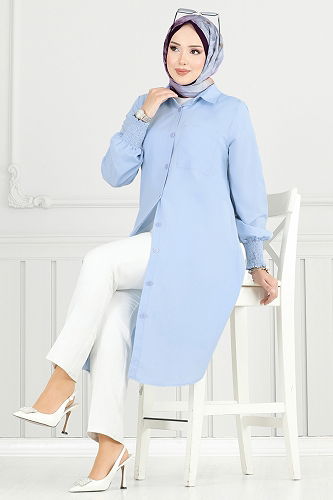 moda selvim Manşeti Lastikli Tesettür Tunik 282ASN888 Mavi - Thumbnail