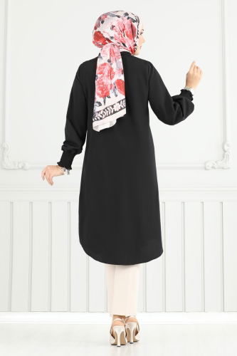 moda selvim Manşeti Lastikli Tesettür Tunik 282ASN888 Siyah - Thumbnail