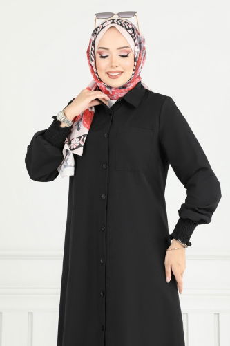 moda selvim Manşeti Lastikli Tesettür Tunik 282ASN888 Siyah - Thumbnail