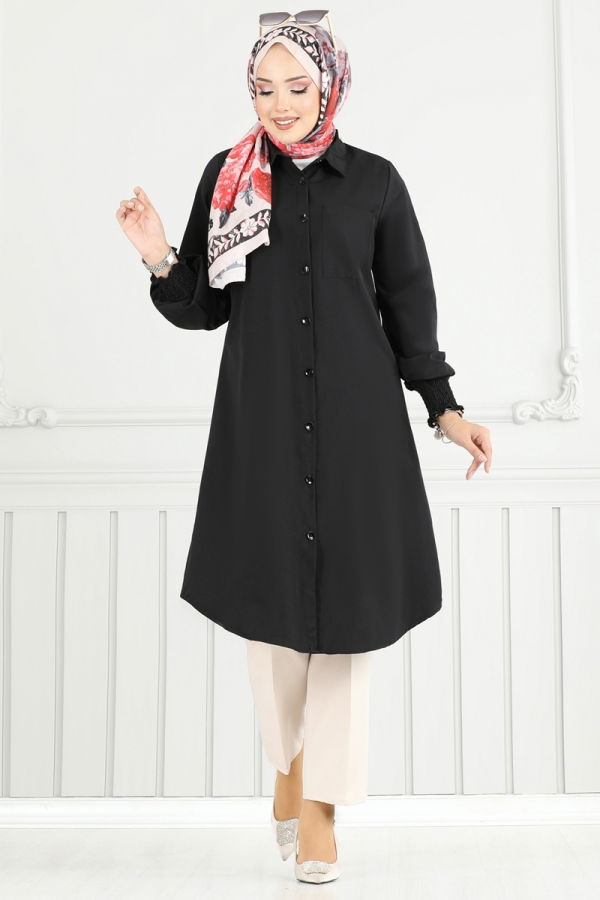 Modaselvim SEPETTE NET %20+%20 İNDİRİM Manşeti Lastikli Tesettür Tunik 282ASN888 Siyah