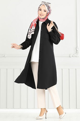 moda selvim Manşeti Lastikli Tesettür Tunik 282ASN888 Siyah - Thumbnail