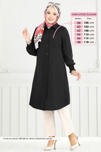 moda selvim Manşeti Lastikli Tesettür Tunik 282ASN888 Siyah - Thumbnail