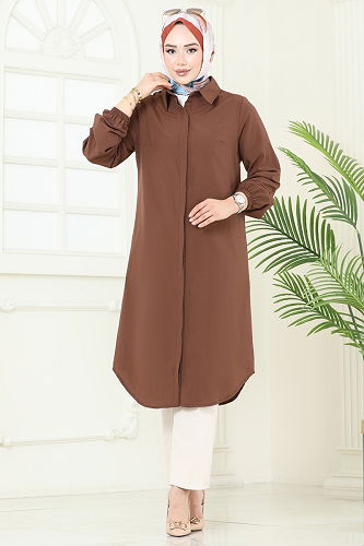 moda selvim Manşeti Lastikli Tesettür Tunik 3052KTR750 Açık Kahve - Thumbnail