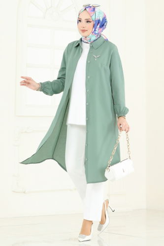 moda selvim Manşeti Lastikli Tesettür Tunik 3052KTR750 Açık Mint - Thumbnail