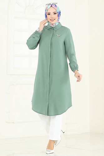 moda selvim Manşeti Lastikli Tesettür Tunik 3052KTR750 Açık Mint - Thumbnail