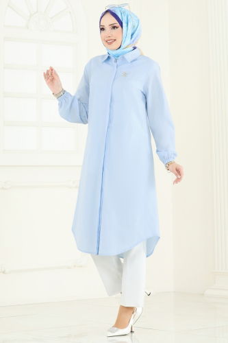 moda selvim Manşeti Lastikli Tesettür Tunik 3052KTR750 Bebe Mavisi - Thumbnail