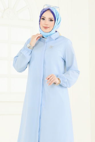 moda selvim Manşeti Lastikli Tesettür Tunik 3052KTR750 Bebe Mavisi - Thumbnail