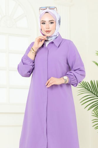 moda selvim Manşeti Lastikli Tesettür Tunik 3052KTR750 Lila - Thumbnail