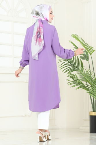 moda selvim Manşeti Lastikli Tesettür Tunik 3052KTR750 Lila - Thumbnail