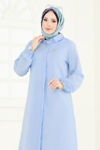 moda selvim Manşeti Lastikli Tesettür Tunik 3052KTR750 Mavi - Thumbnail