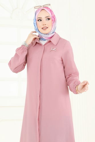 moda selvim Manşeti Lastikli Tesettür Tunik 3052KTR750 Pudra - Thumbnail
