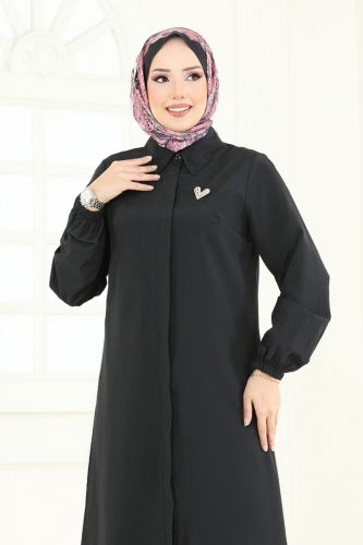 moda selvim Manşeti Lastikli Tesettür Tunik 3052KTR750 Siyah - Thumbnail
