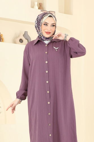 moda selvim Manşeti Lastikli Tesettür Tunik 6074TEG847 Koyu Lila - Thumbnail