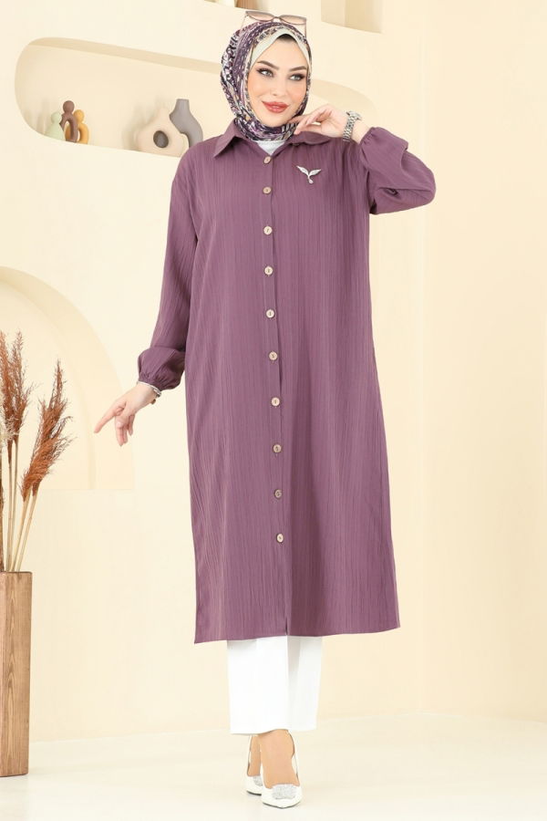 Modaselvim Tunik Manşeti Lastikli Tesettür Tunik 6074TEG847 Koyu Lila