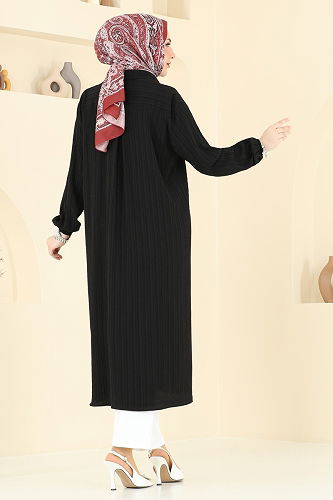 moda selvim Manşeti Lastikli Tesettür Tunik 6074TEG847 Siyah - Thumbnail