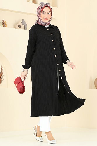 moda selvim Manşeti Lastikli Tesettür Tunik 6074TEG847 Siyah - Thumbnail