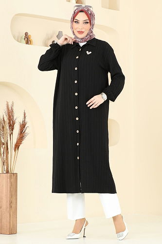 moda selvim Manşeti Lastikli Tesettür Tunik 6074TEG847 Siyah - Thumbnail