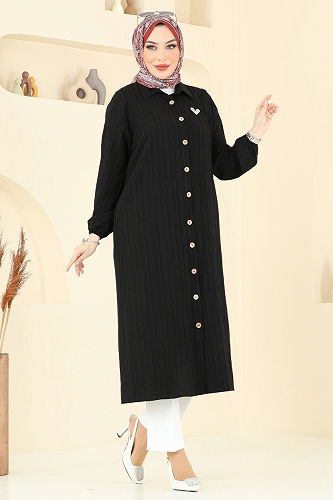 moda selvim Manşeti Lastikli Tesettür Tunik 6074TEG847 Siyah - Thumbnail