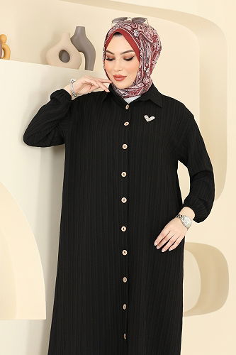 moda selvim Manşeti Lastikli Tesettür Tunik 6074TEG847 Siyah - Thumbnail