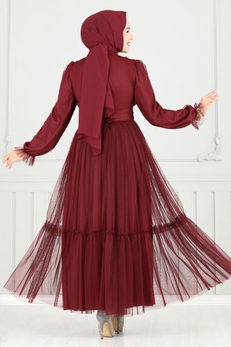 moda selvim Manşeti Lastikli Tül Abiye 5684EDF311 Bordo - Thumbnail
