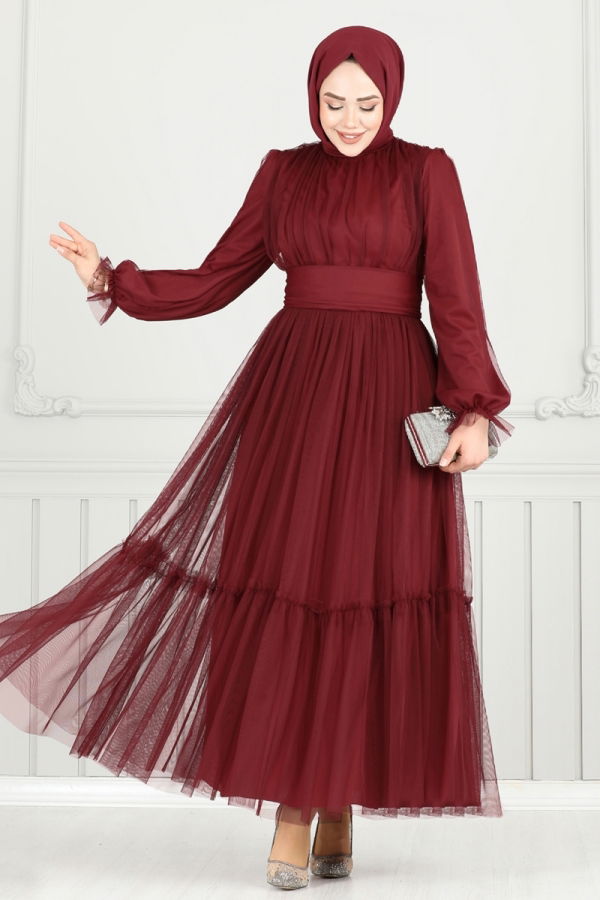 Modaselvim ABİYE Manşeti Lastikli Tül Abiye 5684EDF311 Bordo