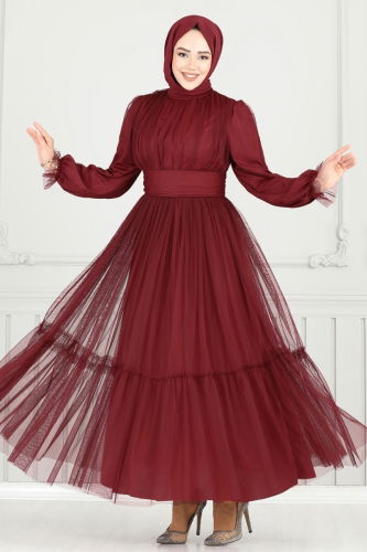 moda selvim Manşeti Lastikli Tül Abiye 5684EDF311 Bordo - Thumbnail