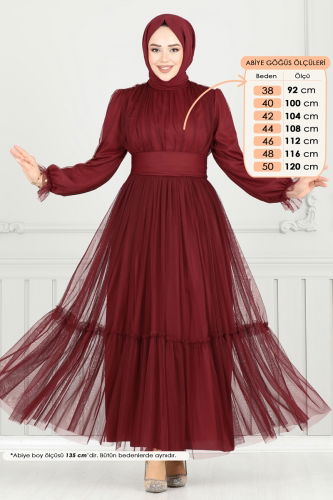 moda selvim Manşeti Lastikli Tül Abiye 5684EDF311 Bordo - Thumbnail