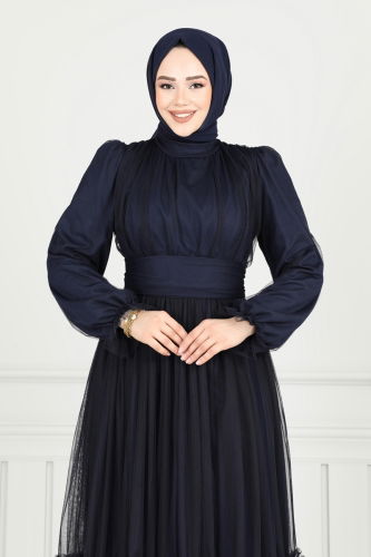 moda selvim Manşeti Lastikli Tül Abiye 5684EDF311 Laci - Thumbnail