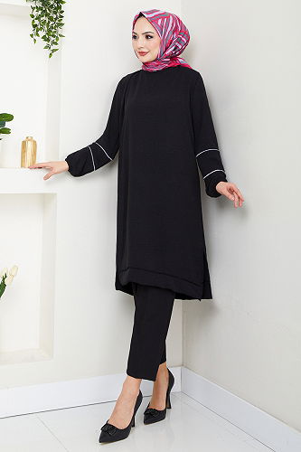 moda selvim Manşeti Lastikli Tunik 180BO1060-M Siyah - Thumbnail