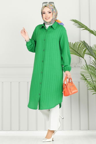 moda selvim Manşeti Lastikli Tunik 3054KTR750 Benetton Yeşili - Thumbnail